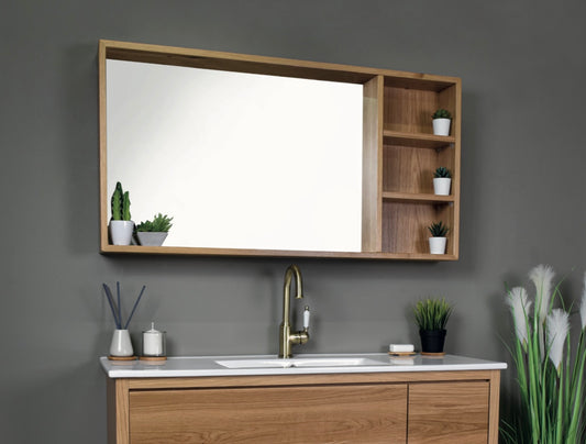 מראה מלבנית לתליה עם מסגרת ומדפי עץ מלא אלון מבחר גדלים לבחירה