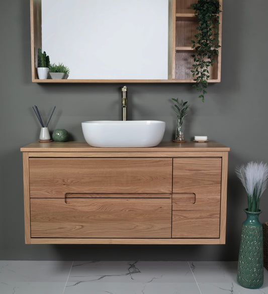 ארון אמבטיה תלוי עץ מלא אלון שתי מגירות ודלת דגם עינב EINAV