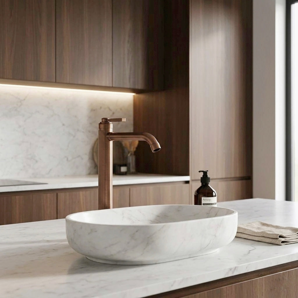 ברז פרח גבוה לכיור מונח רוז גולד מוברש מחורץ דגם PREAL ציפוי PVD