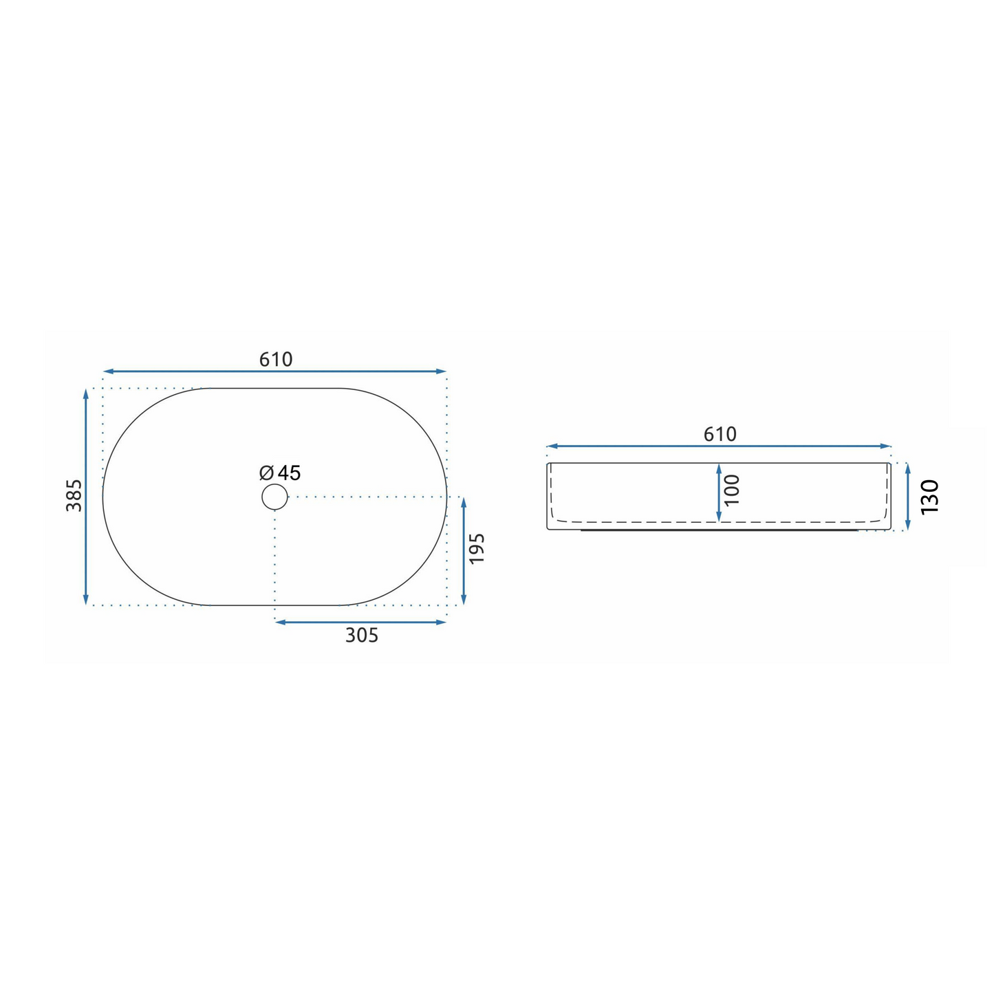 כיור מונח חרס אובלי לבן מבריק 61 ס״מ דגם LEO