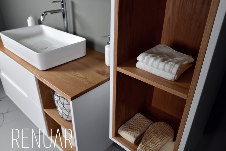 ארון אמבטיה תלוי מודרני בשילוב עץ מלא דגם רנואר RENUAR