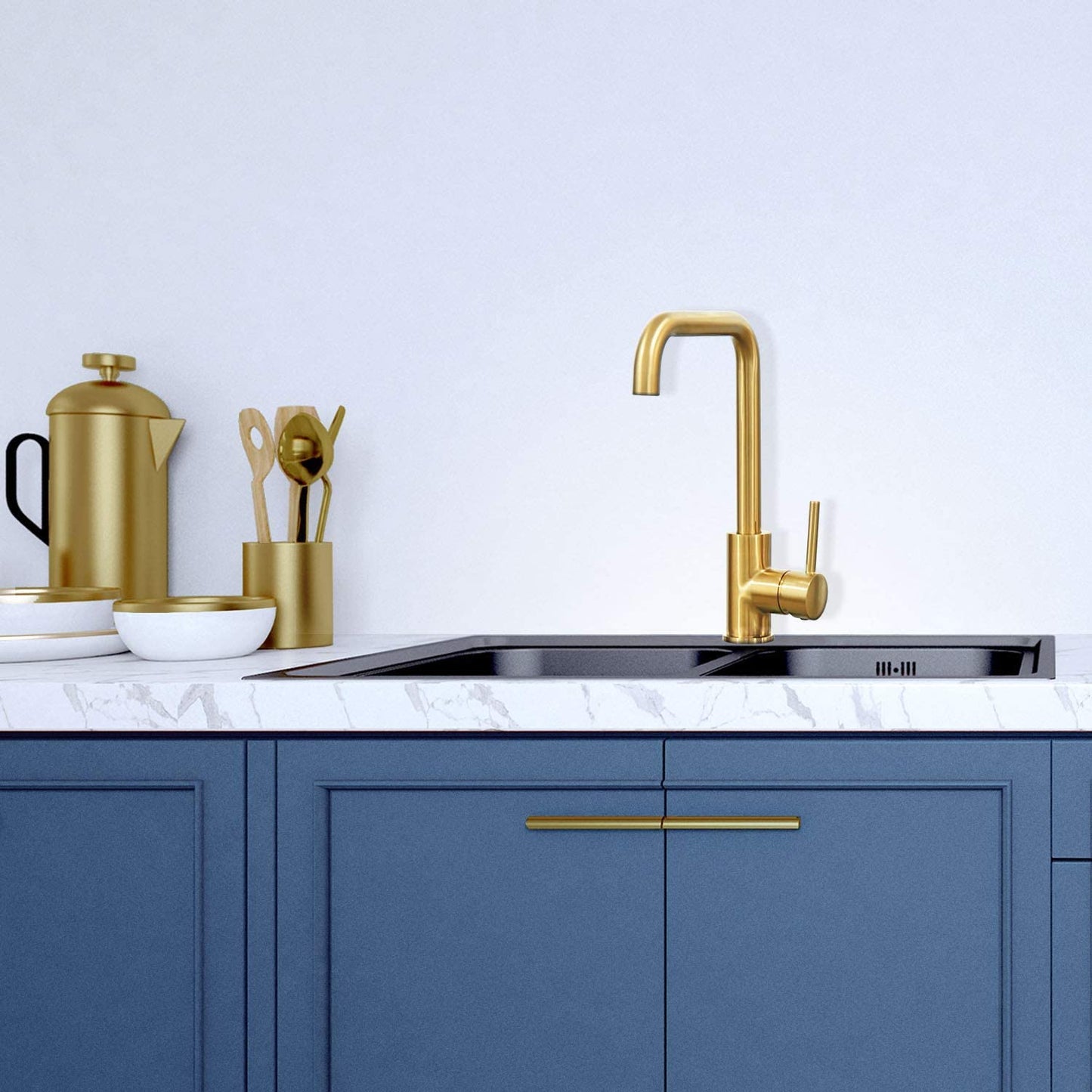 ברז מטבח זהב מוברש ניצב פיה זוויתית מסתובבת