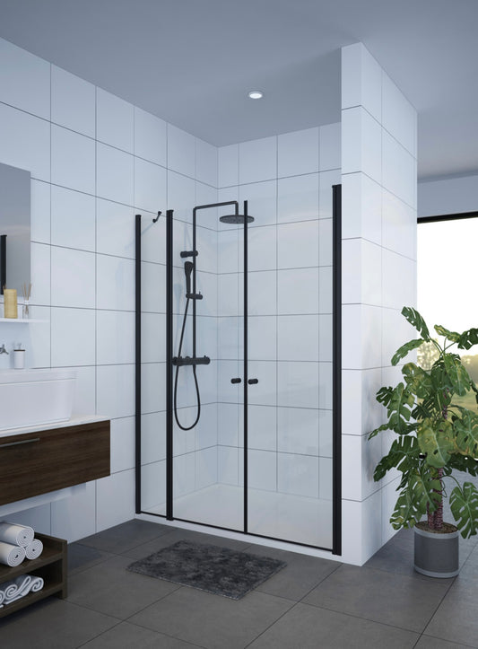 מקלחון חזית שתי דלתות וקבוע פרזול שחור מט זכוכית שקופה