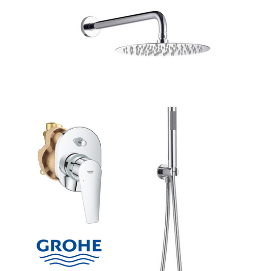 סט רחצה עגול ״ידית מיקרופון״ קומפלט כולל אינטרפוץ גרואה באו אדג’ ניקל מבריק GROHE