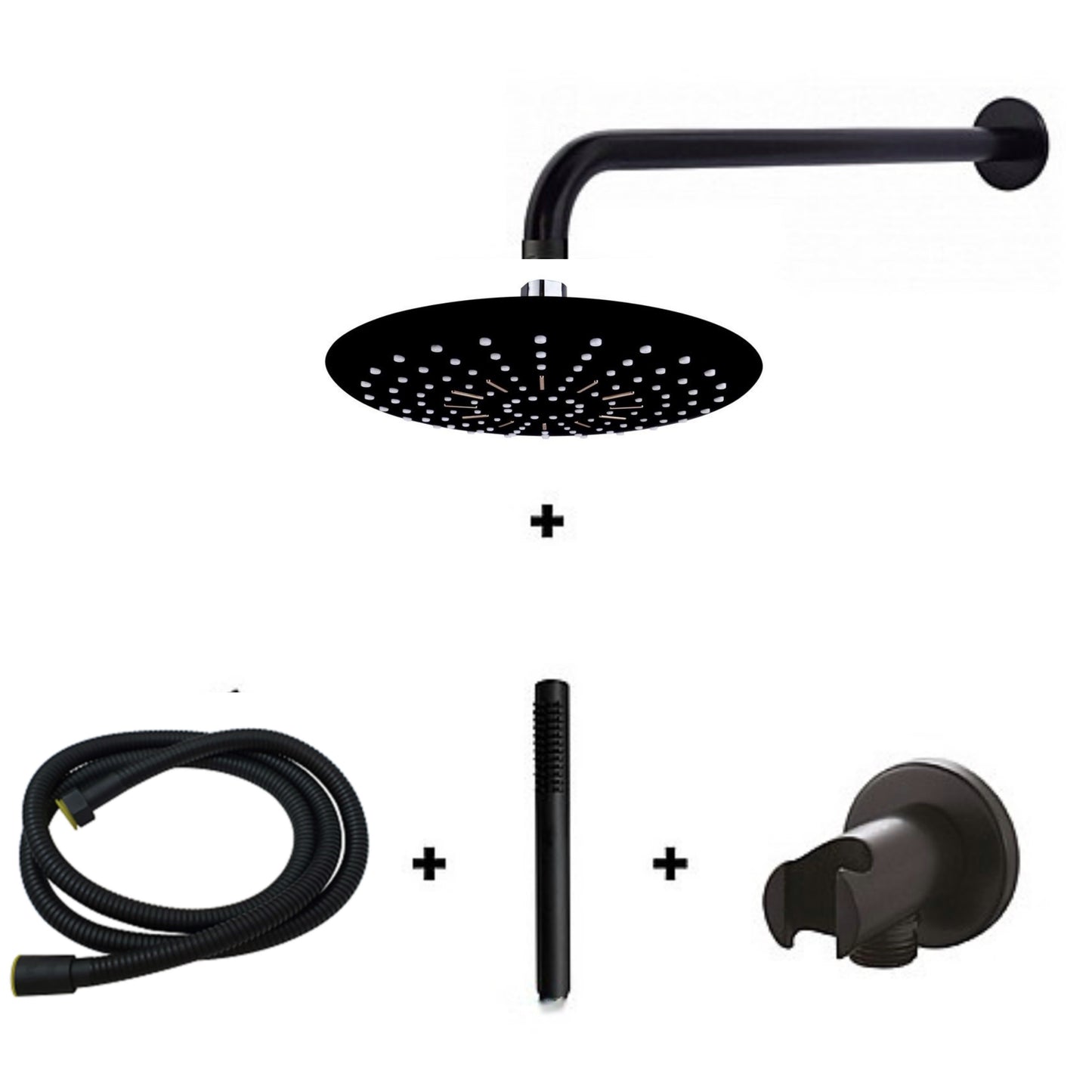 סט מקלחת שחור מט קומפלט ראש 22 ס״מ