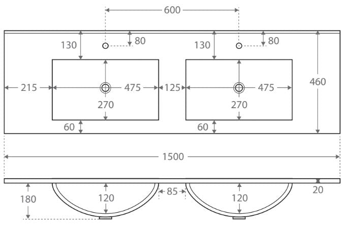 כיור משטח חרס כפול לבן מבריק 150ס"מ