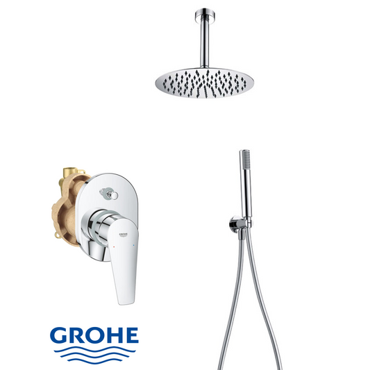 סט רחצה עגול מהתקרה ״ידית מיקרופון״ קומפלט כולל אינטרפוץ גרואה באו אדג ניקל מבריק GROHE