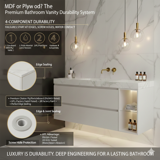 ‏MDF ירוק מול סנדוויץ’/פורמייקה/אפוקסי: מה באמת מחזיק שנים בארון אמבטיה