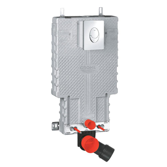 מיכל הדחה סמוי גרואה לקיר בלוקים כולל לחצן עגול ניקל מבריק