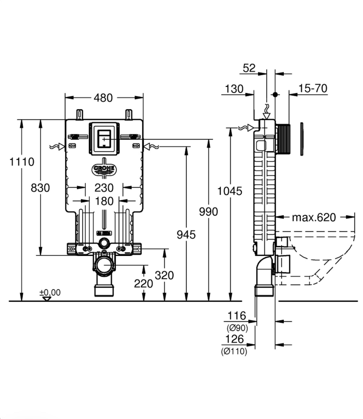 ניאגרה סמויה גרואה GROHE + לחצן מרובע ניקל מבריק