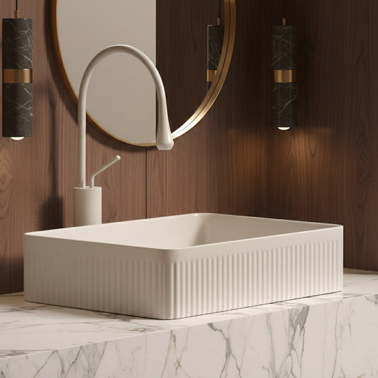 כיור מונח חרס פרימיום 50 ס״מ מחורץ צבע אבן חול מט דגם PREMIUM