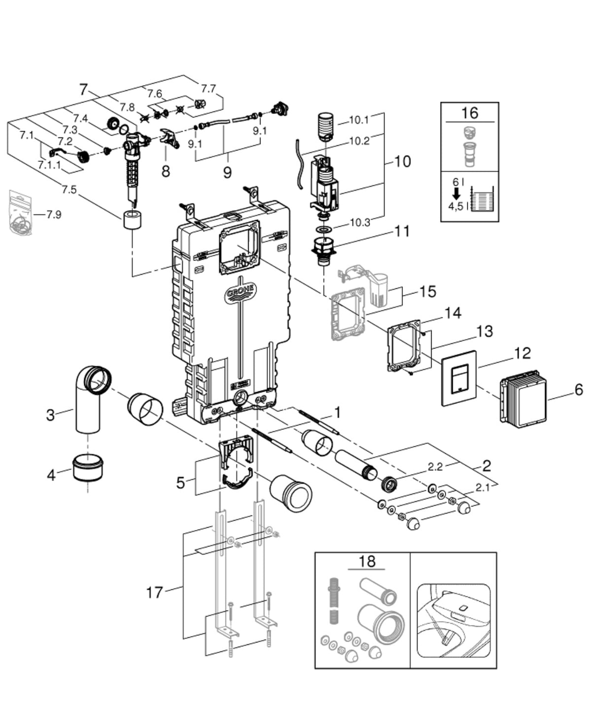 ניאגרה סמויה גרואה GROHE + לחצן מרובע ניקל מבריק