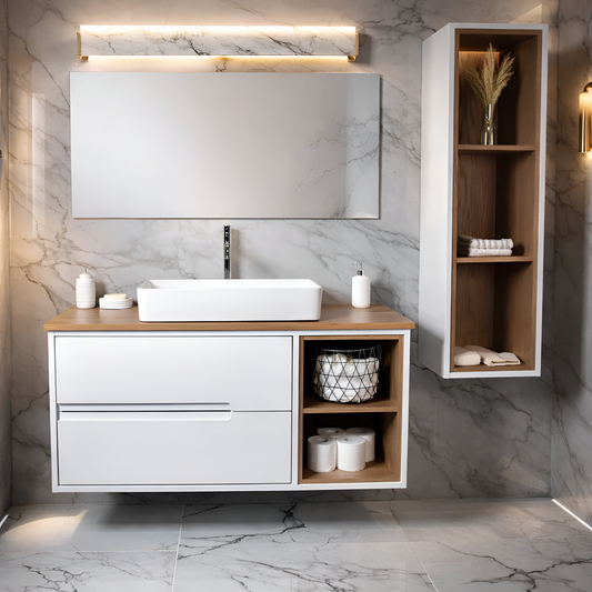 ארון אמבטיה תלוי מודרני בשילוב עץ מלא דגם רנואר RENUAR