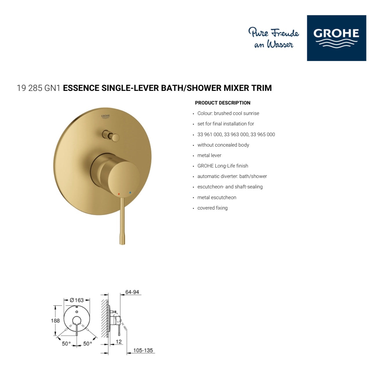 כיסוי חיצוני 4 דרך גרואה 19285GN1 ESSENCE זהב מוברש GROHE